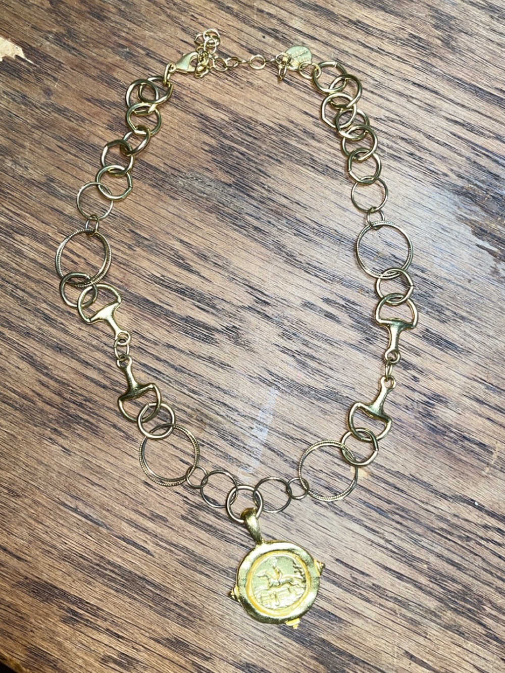 Susan Shaw Gold-Tone Circle Link Necklace with Equestrian Medallion Pendant